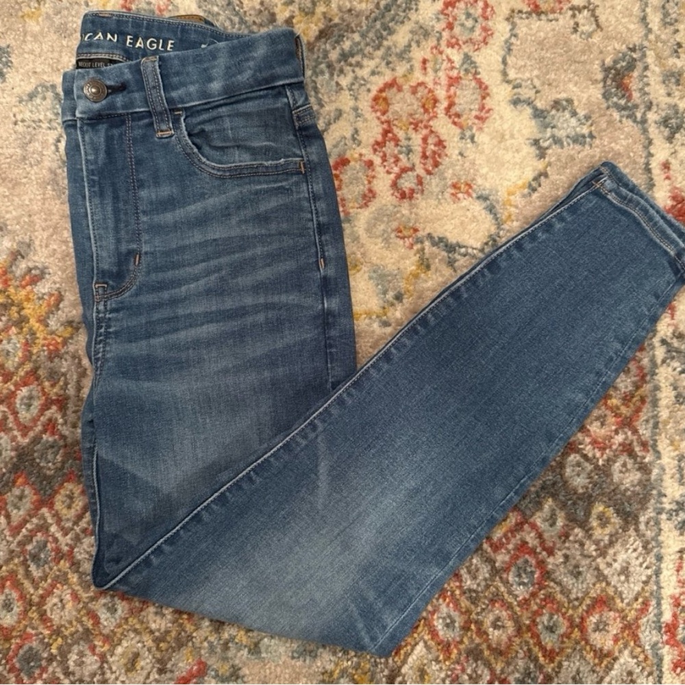 American Eagle Outfitters Blue Skinny Jeans with Distressed Details